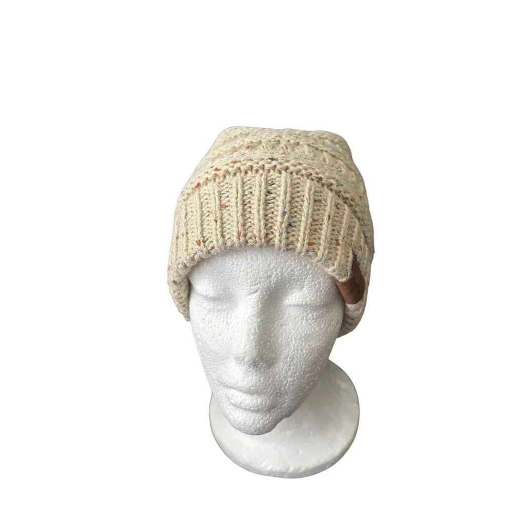 C.C Knit Beanie Hat Cream Speckled Chunky Cable Slouchy Womens Winter - Picture 3 of 8